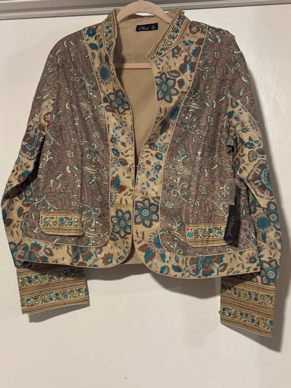 Phool floral Blazer in Beige and Teal sequins India